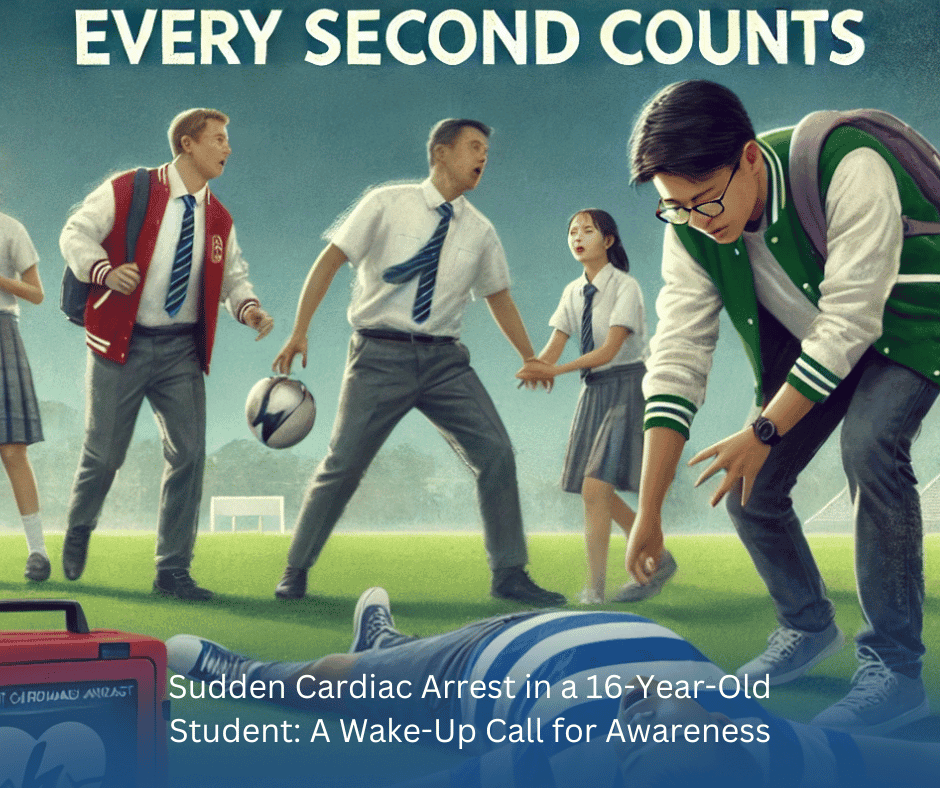 Sudden cardiac arrest in a 16-year-old student, emphasizing the importance of heart health awareness.