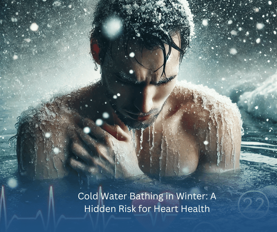 Person taking a cold water bath in winter highlighting the hidden risk for heart health during cold weather