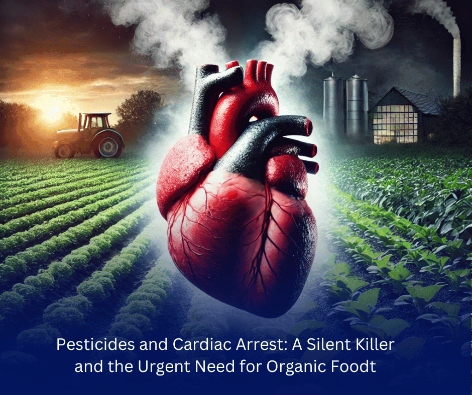 Harmful effects of pesticides on heart health, highlighting the risk of cardiac arrest and promoting organic food.