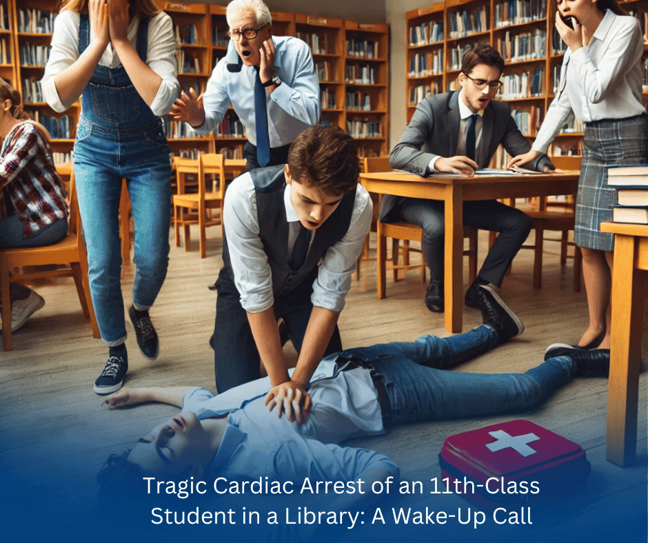 Tragic cardiac arrest of an 11th-class student in a library, highlighting the importance of heart health awareness.
